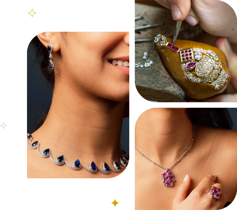 Collier de saphirs, bague en or rubis et diamants en sertissage et pendentif rubis, Atelier KBS