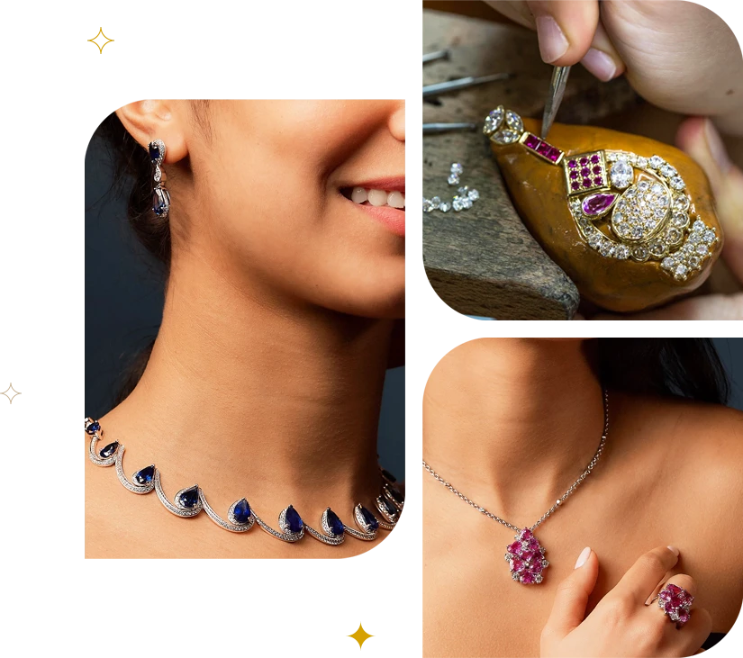 Collier de saphirs, bague en or rubis et diamants en sertissage et pendentif rubis, Atelier KBS